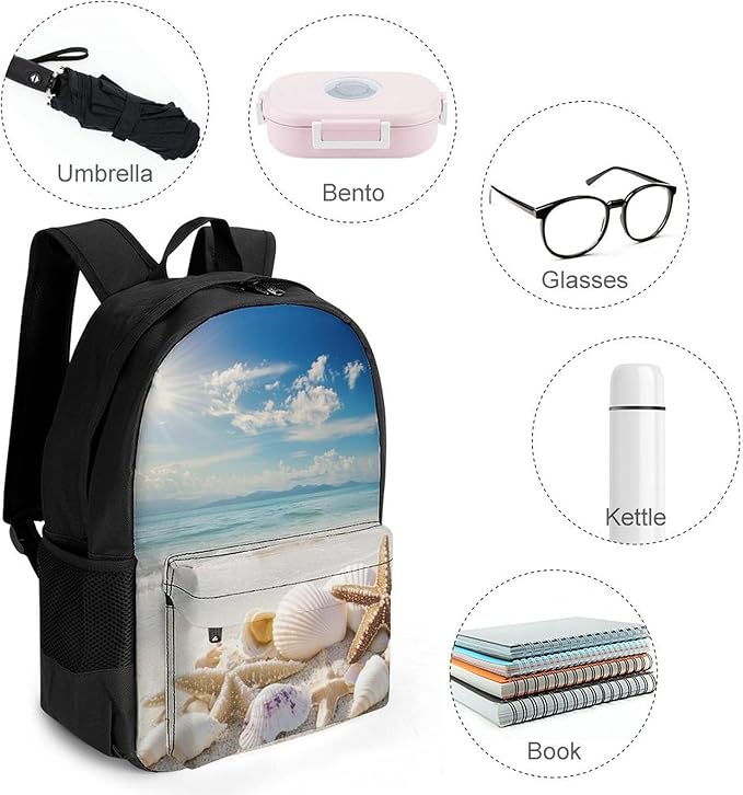 Lightweight Daypack Backpack for Sports Travel Running, Large Capacity Multipurpose Anti-Theft Bookbag, Ocean Beach Starfish Seashells Nature Starfish Shells Laptop Backpack Daypack