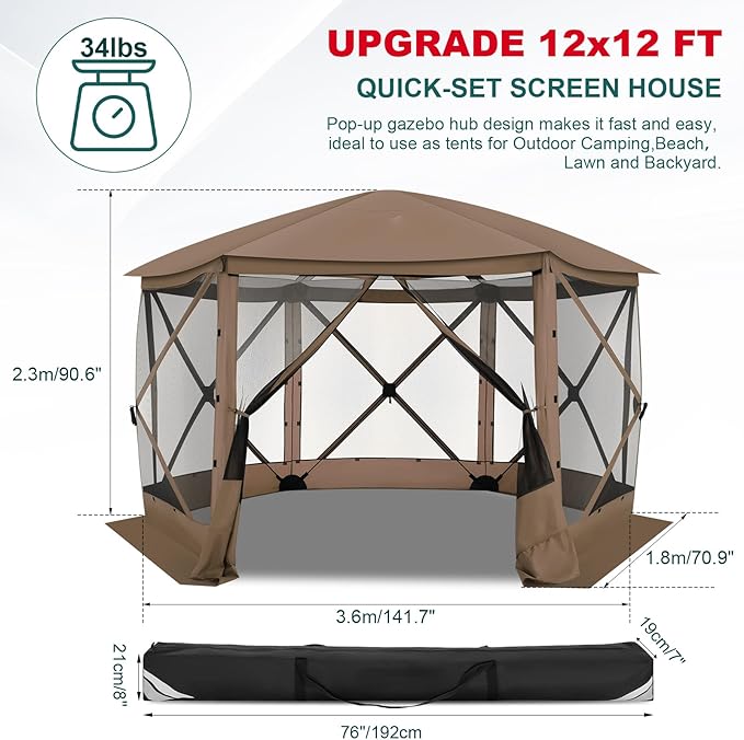 COBIZI 12x12 FT Pop Up Canopy Stargazing Tent, Gazebos On Clearance with Removable Roof,Instant Screened in Gazebo, Screen Tents Portable carpas para Patio for Outdoor Camping,Backyard, Garden, Brown