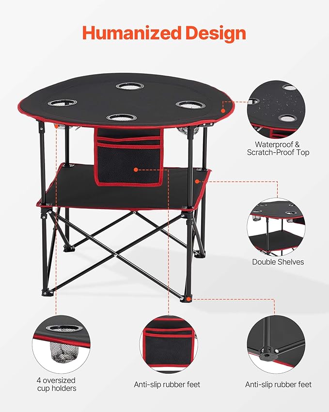 VEVOR Folding Camping Table, Portable Outdoor Lightweight Picnic Table, 600D Oxford Fabric Waterproof Canvas Travel Beach Tables, with 4 Cup Holders, Carry Bag, for Tailgating Camping Picnic, Black