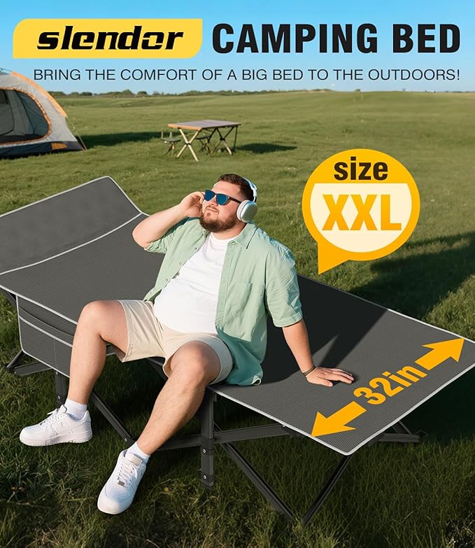 Slendor XXL Camping Cot, Extra Wide Sleeping Cot for Adults, 79" L x 32" W x 19" H Camping Bed with Mattress, Pillow, Carry Bag, Outdoor Bed for Travel, Guest, Gray Cot