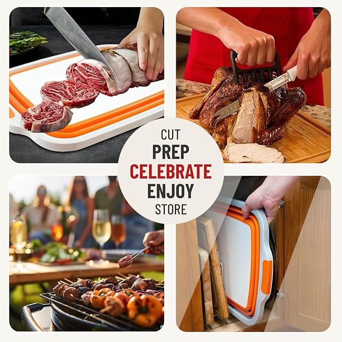 Medium 8L BBQ Prep Tub with Lid & 2 pcs Meat Shredder Claws, Collapsible Cutting Board for Brisket, BBQ Tray for Meal Prep marinating, Versatile Kitchen Container for Meat & Food storage