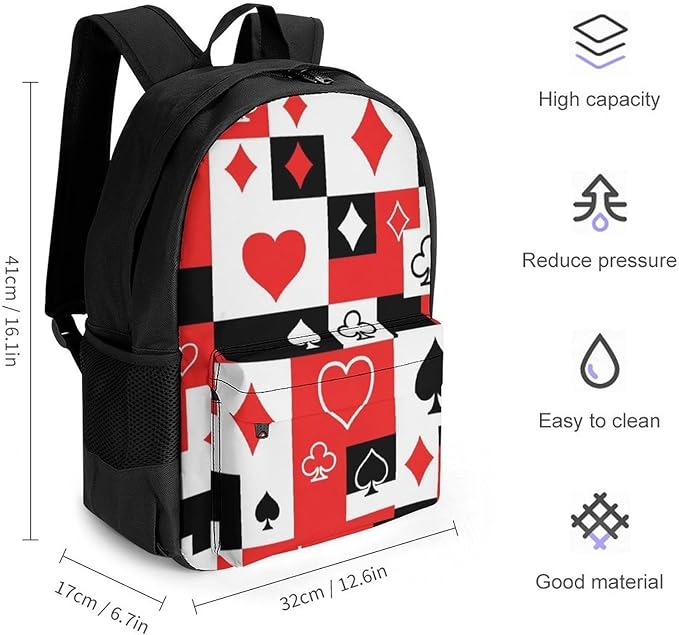 Adults Lightweight Red Black Suits Hearts Diamonds Clubs Spades Poker Playing Cards Shoulder Book Bags Big Capacity Shoulder Bag With Adjustable Shoulder Straps for Trekking Work Walking Cycling