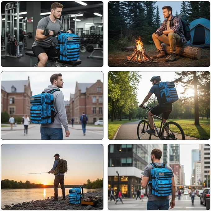 Military Tactical Backpack 45L Bug Out Bag Assault Pack Molle Daypack Hiking Gym Rucksack with Bottle Holder(Blue tie dye)