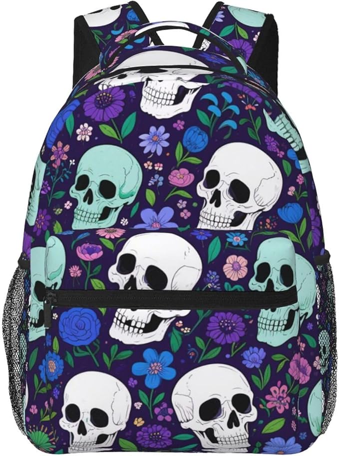 Men Women Polyester Flower Skull Purple Backpack Large Capacity Bookbag With Smooth Zippers for Climbing Picnic Bicycle