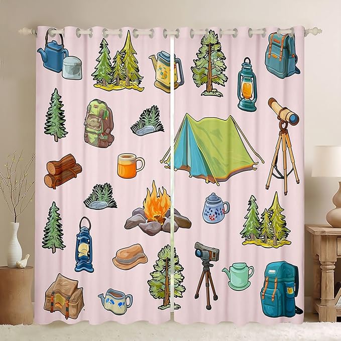 Feelyou Pink Camper Theme Curtains for Bedroom Living Room Happy Camping Blackout Darkening Drapes Adventure Camper Window Treatments, 2 Panels 52 x 90 Inch Room Decor