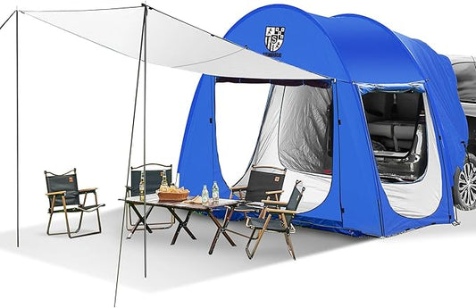 Universal SUV Camping Tent with Spacious Awning, 4000mm Waterproof Car Tent, Up to 4-Person Sleeping Capacity Camping Accessories, Easy Setup for Backpacking Traveling Hiking Outdoors