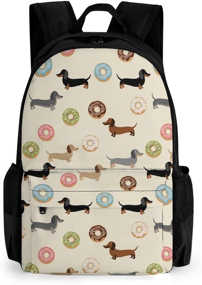 Polyester Daypack Bookbag for Gym Business Bicycle, Large Capacity Multipurpose Anti-Theft Carry On Bag, Dachshund Dog Donuts Cute Doxie Travel Hiking Daypack