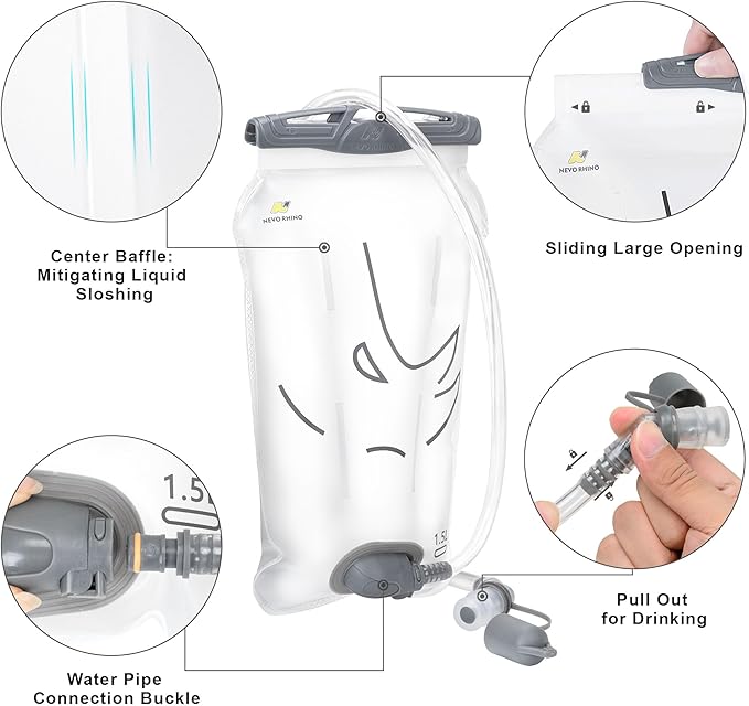 N NEVO RHINO Hydration Bladder 1.5L,Water Bladder for Hiking Backpack Leak Proof Water Storage Bladder,BPA Free,Wide Opening Water Pouch Hydration Pack for Camping Cycling Running