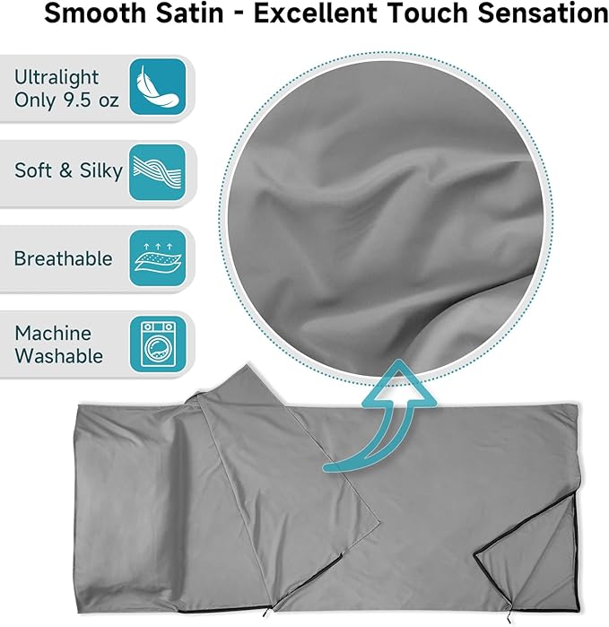 Sleeping Bag Liner, 9.5oz Ultralight Satin Travel Sheets for Hotel with Two Way Zippers, Silky Camping Sheets & Adult Sleep Sack for Backpacking Hiking Business Trips