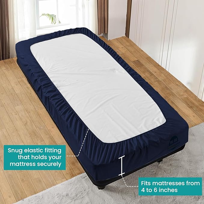 Full Fitted Sheet 54 x 75 Inches 6" Deep Pocket 100% Egyptian Cotton 600 Thread Count Snug Fit for Trifold Mattress, Narrow Twin, Camp Bunk, Guest Bed, Army Cot Soft & Breathable – Navy Blue