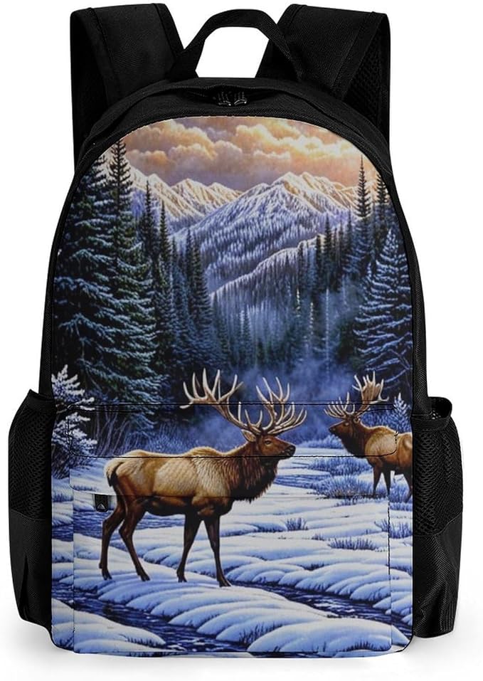 Supdreamc Casual Daypack Multipurpose Anti-Theft Large Capacity Carry On Bag, Elk Winter Snow Casual Daypack Climbing Shoulder Bag With Padded Straps