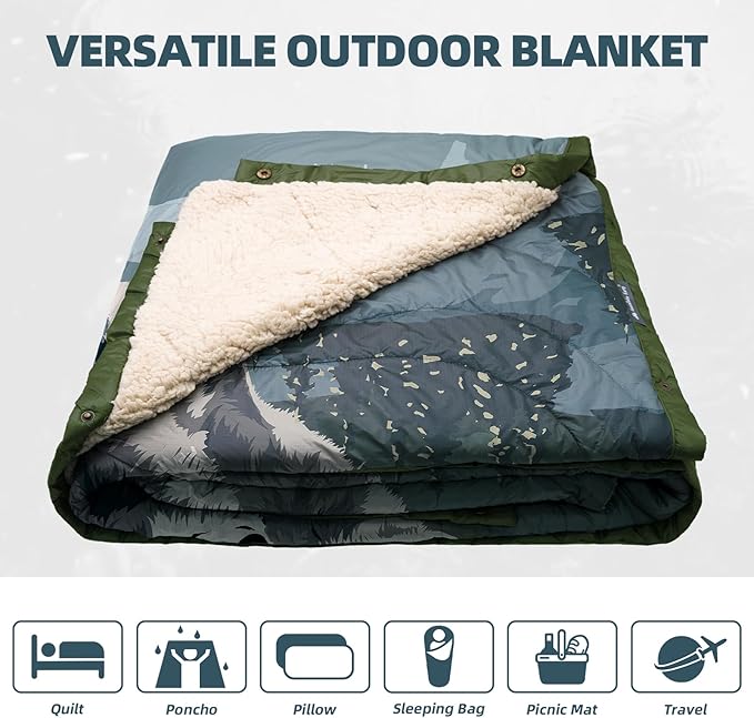Outdoor Camping Blanket with Sherpa Lining, Extra Warm Thick Camp Blankets and Puffy Ultralight Soft Poncho DWR Camping Quilt for Cold Weather, Adventure, Sleeping, Backpacking 78"x 56"