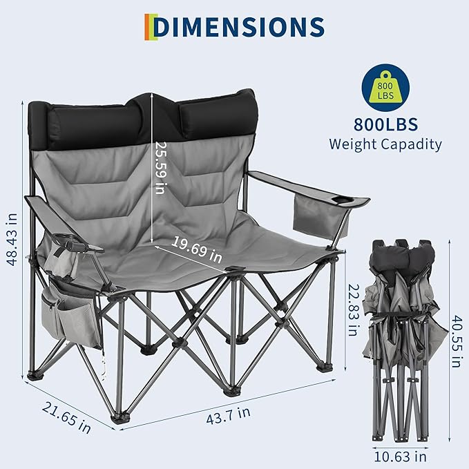 GAOMON Oversized Double Camping Chair with High Back, Pillow - Heavy Duty Folding Loveseat for 900lbs Capacity, Portable Support for Camping, Beach, Backyard