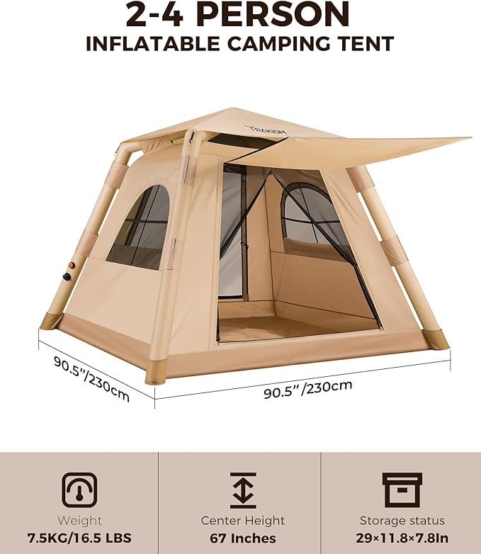 Inflatable Tents for Camping 2-4 Person, Easy Set Up Camping Tent with Automatic & Manual Pump, Waterproof Blow Up Tent for Family Outdoor