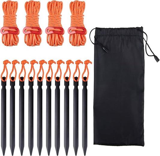 TRIWONDER Aluminum Tent Stakes Pegs & Reflective Guylines with Tent Cord Tensioners for Camping, Hiking, Backpacking (Orange)