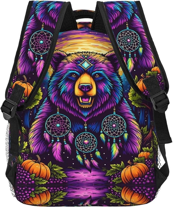 Men Women Polyester Bear Natural Landscape Psychedelic Mysterious Dreamy Art Casual Daypack Large Capacity Carry On Bag With Adjustable Shoulder Straps for Camping Work Running