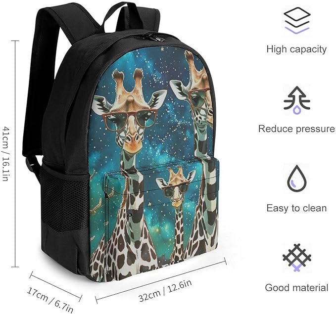 Supdreamc Men Women Polyester Giraffes With Sunglass Space Art Daypack Big Capacity Shoulder Bag With Adjustable Shoulder Straps for Camping Travel Walking Cycling