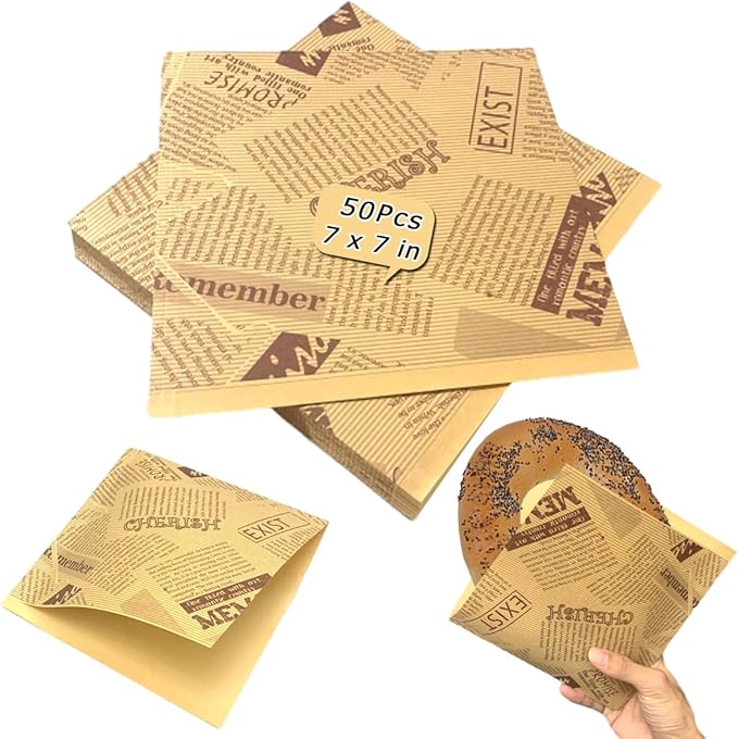 Soft Pretzel Bags 7"x7" Double Open Sandwich Bags 50Pcs, Grease-proof Parchment Paper Bags Newspaper Style Sandwich Wrappers for Cookie Snack Deli Bakery Family Daily Wrap