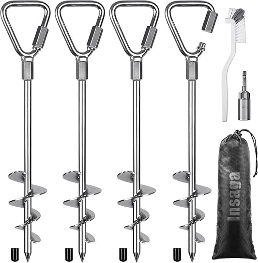 17'' Trampoline Tent Stakes, Fully Welded Ground Anchors Screw In, Metal Stake for Ground, Stakes for Inflatables, Shed Anchor Kit, Earth Anchors, Trampoline Anchors High Wind Heavy Duty, 4Pack