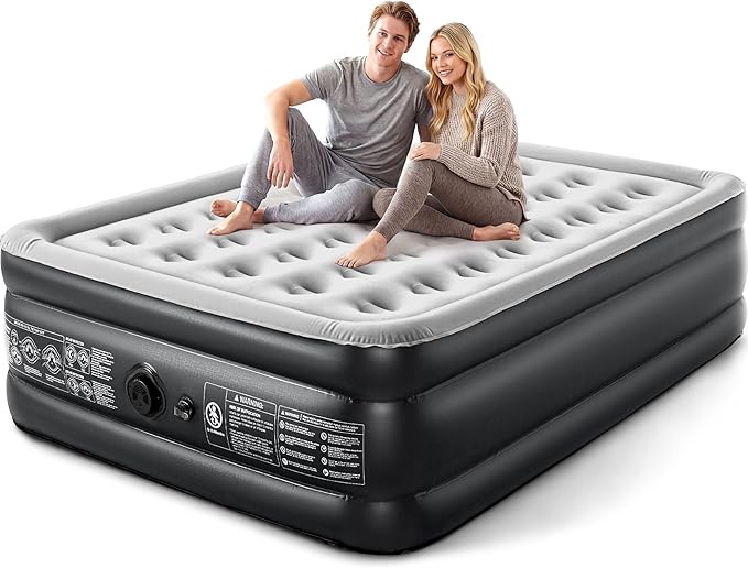Camping Air Mattress Queen with Built in Pump 18" Thickness 660lbs Heavy Duty Comfortable Blow up Air Mattress with Carry Bag Inflatable Foldable Flocked Top Air Bed for Travel, Home (Black & Grey)