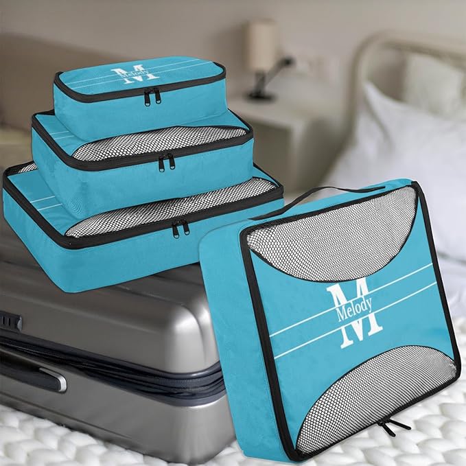 Custom 4 Packing Cubes Set, Lightweight Mesh Travel Luggage Organizers for Travel, Lake Blue Initial Letter 4 Pieces Suitcase Storage Bags