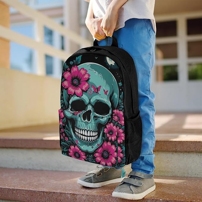 Supdreamc Polyester Daypack Backpack for Trekking Picnic Walking Cycling, Large Capacity Anti-Theft Multipurpose Shoulder Bag, Flowers Bird Cool Skull Casual Daypack
