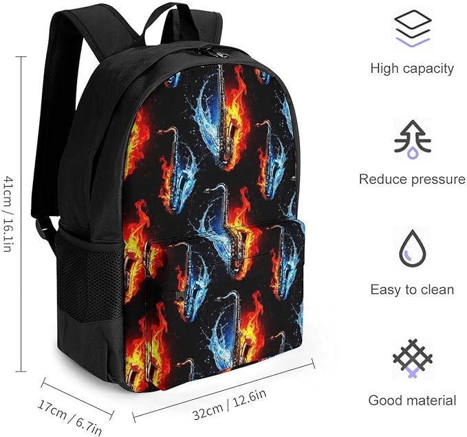 Lightweight Daypack Bookbag for Trekking Business Walking Cycling, Big Capacity Anti-Theft Multipurpose Carry On Bag, Water Fire Saxophone Business Computer Bag