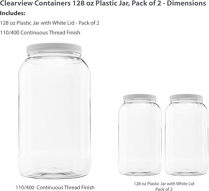 Plastic Storage Jars with Leak Proof Lids, BPA Free, Hand Wash Only (128oz, 2PK White)