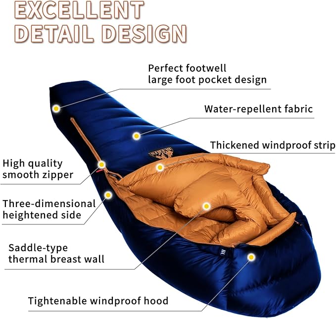 Down Backpacking Sleeping Bag for Cold Weather 32°F to 8°F, XXL Large Ultralight Sleeping Bag Ideal for Adults Camping, Hiking and Backpacking.