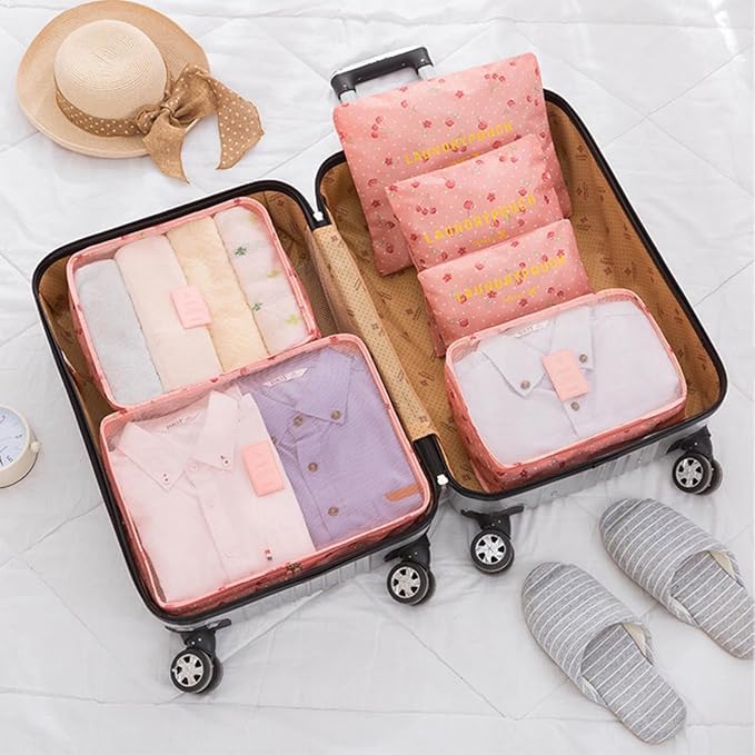 6 PCS Packing Cubes Multi-functional Clothing Sorting Packages Travel Carry On Luggage Organizers Storage Bags Travel Packing Pouches, Pink Cherry