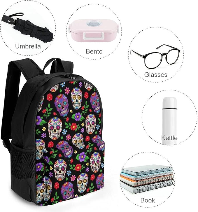 Men Women Polyester Purple Mexican Sugar Skulls Day Of The Dead Floral Flowers Art Daypack Backpack Large Capacity Carry On Bag With Smooth Zippers for Hiking Picnic Walking Cycling