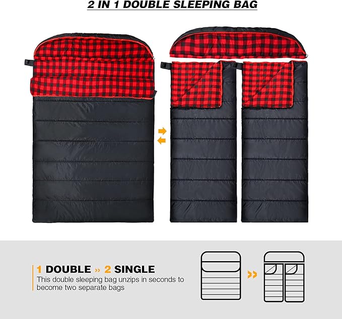 REDCAMP Cotton Double Sleeping Bag for Adults, 2 Person Cold Weather Queen Size Flannel Sleeping Bags for Camping, Black/Navy Blue