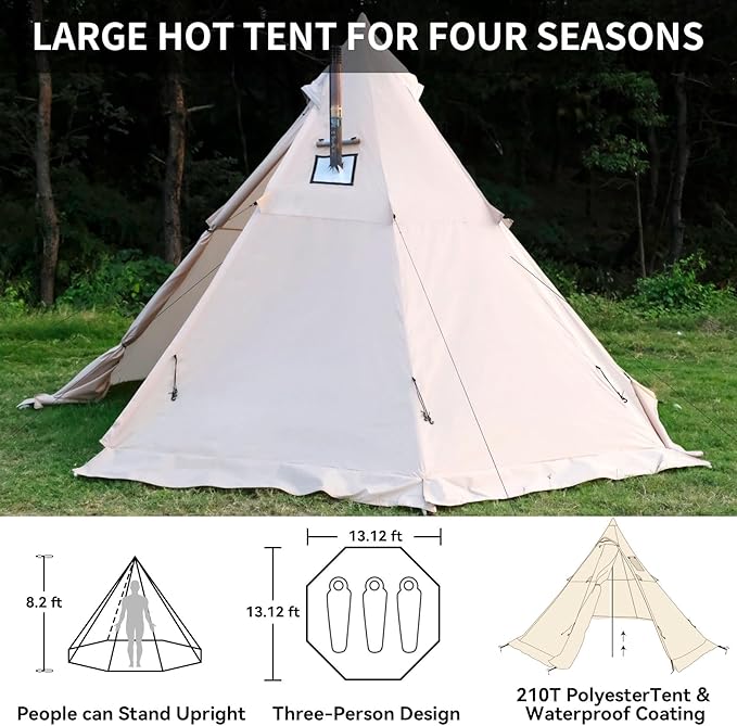 Hot Tent with Stove Jack, 4 Season 3-4 Person Tipi Tent for Camping, 8.2ft Standing Room with Snow Skirt, Cold Weather Shelter for Family Fishing, Hiking, Hunting, Backpacking