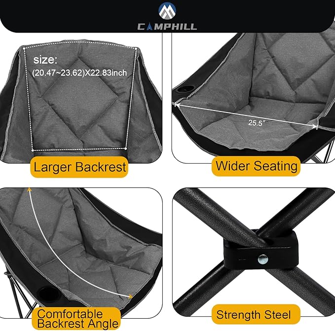 CAMPHILL Folding Camping Chair,Oversized Portable Camping Chair with Cup Holder and Phone Holder,Heavy Duty Padded Lawn Chair for Camping, Tailgates, Beach, and Sports