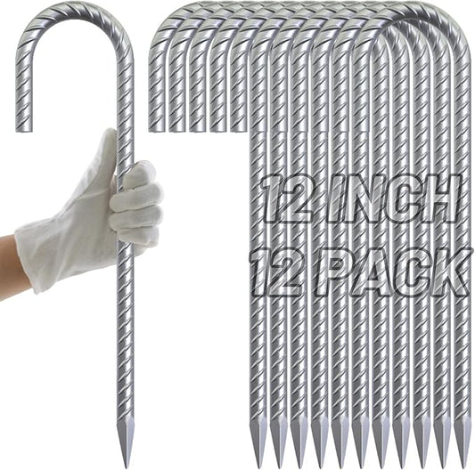 AAGUT Rebar Stakes 12 inch Galvanized Metal Tent Stakes 3/8" Heavy Duty Ground Anchor Stake for Large Canopy and Fence, J Hook Stakes Easy to Push into Hard Soil,12 Pack