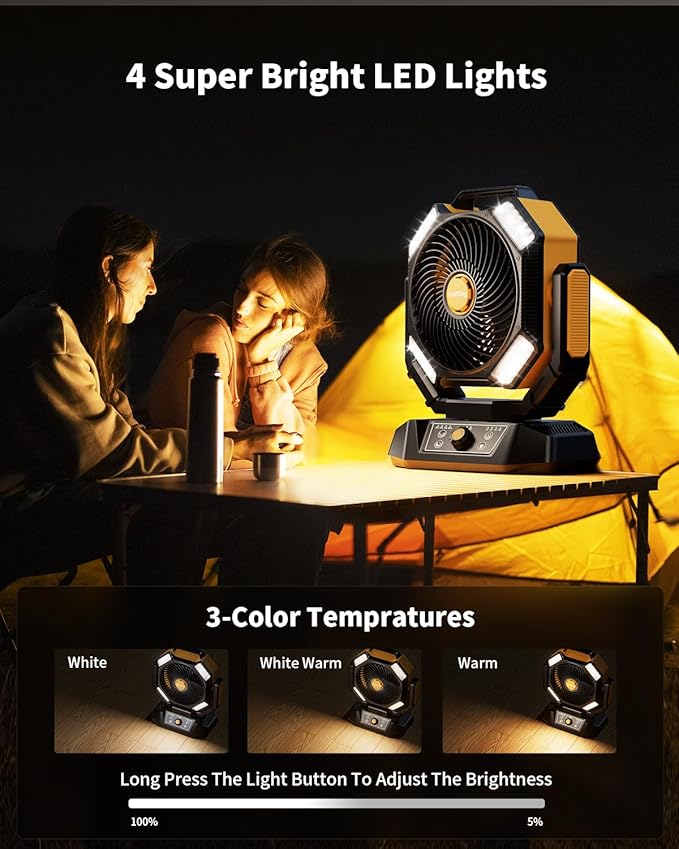 coldSky 𝟰𝟬𝟬𝟬𝟬𝗺𝗔𝗵 Camping Fan, Battery Operated with 4 LED Light, 8 Speeds DeskFan with Remote, Portable Rechargeable Outdoor Fan with Hook for Tent, Power Outages Yellow