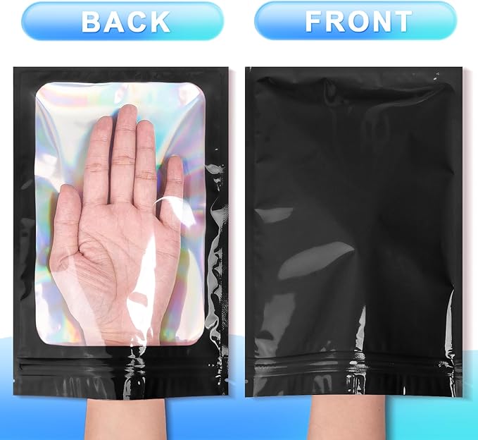 100 Pack Smell Proof Bags- Resealable Mylar Holographic Packaging Pouch Bag with Clear Window for Food Storage Eyelash Jewelry Electronics Storage (Black, 3.5 x 4.7 Inch)