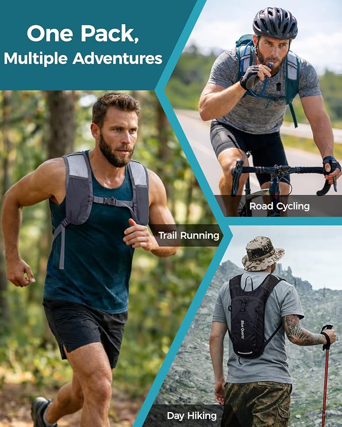 Blue Quartz Hydration Backpack with 2L Water Bladder - Lightweight Cycling & Running Pack for Men Women, Breathable Mesh Straps, L-Zip Wide Opening Hydration Pack for Quick Access