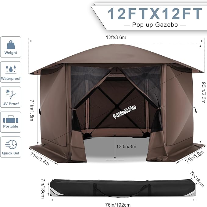 COBIZI Pop Up Gazebo Screen Tent Screen House for Camping, 12x12 Screen Room with Mosquito Netting, Hub Tent Instant Screened Canopy with Carrying Bag and Ground Stakes, Brown
