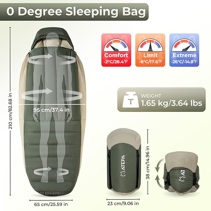 ATEPA 0 Degree Sleeping Bag, 700FP 23℉ / 30.2℉ Down Mummy Cold Weather Double Lightweight Wide XL Sleeping Bags with Compression Sack for Camping Backpacking Hiking