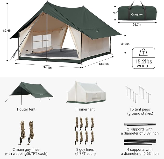 KingCamp 6-8 Person Canvas Tent for Camping Waterproof & Windproof Cabin Tents with Large Mesh Windows, Easy Setup, All Season Wall Tent for Family Camping, Hiking, and Outdoor Events