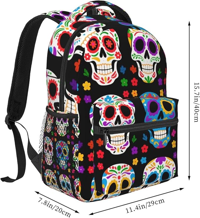 Men Women Polyester Dead Sugar Skull Backpack Large Capacity Bookbag With Smooth Zippers for Climbing Picnic Bicycle