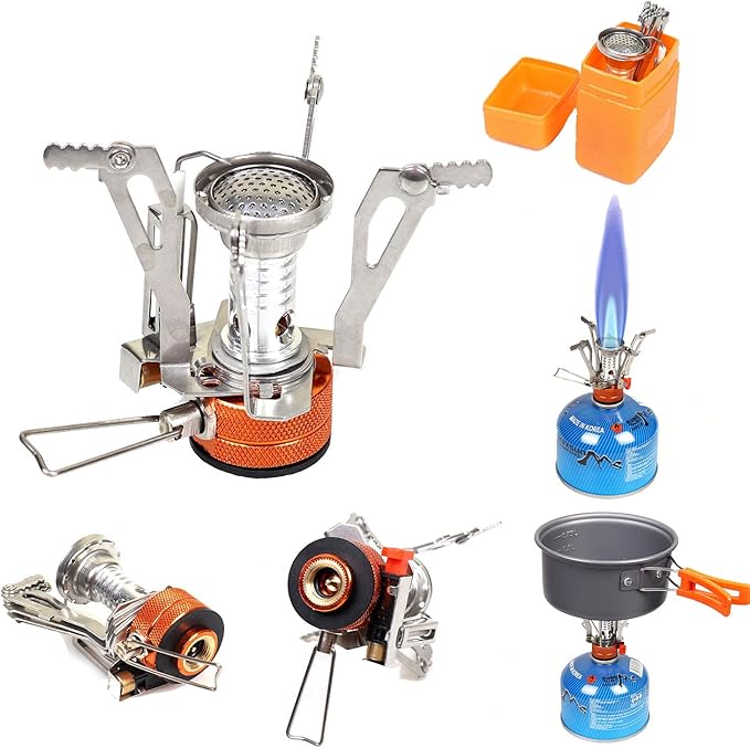 Peidesi Camping Cookware Mess Kit, Portable Camp Stove Pots and Pans Set, Carabiner, Folding Knife, Fork Spoon Kit, Carry Mesh Bag, for Backpacking