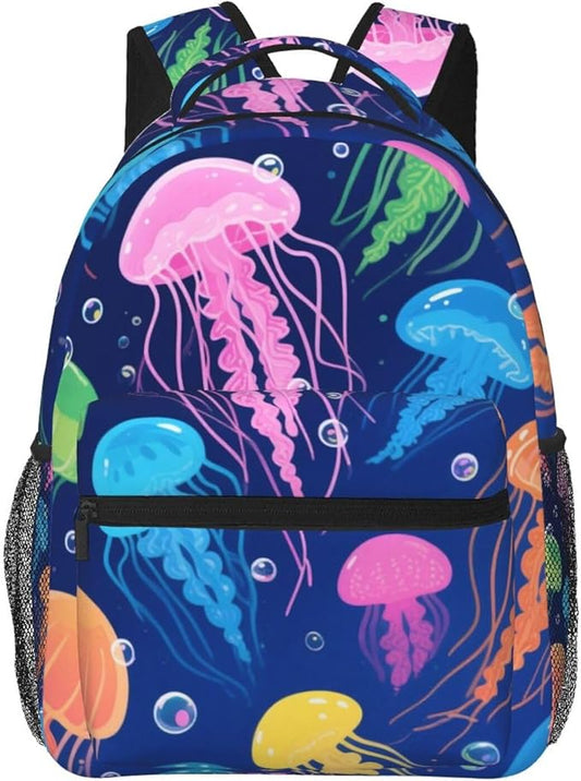 Men Women Polyester Cool Corlorful Jellyfish Pattern Daypack Backpack Large Capacity Carry On Bag With Smooth Zippers for Hiking Picnic Walking Cycling