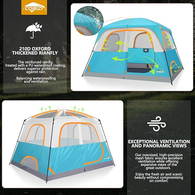 COBIZI 4-6-8-10 Person Camping Tent, Spacious Family Tents for Camping Ideal, Hiking, 3500mm Waterproof Double-Layer Windproof Tent for Hiking & Backpacking