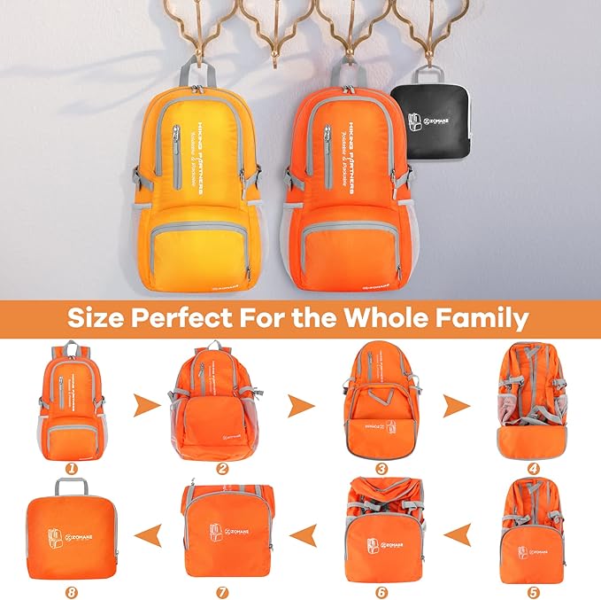 ZOMAKE Lightweight Packable Backpack, 35L Light Foldable Hiking Backpacks Water Resistant Collapsible Daypack for Travel(Orange)