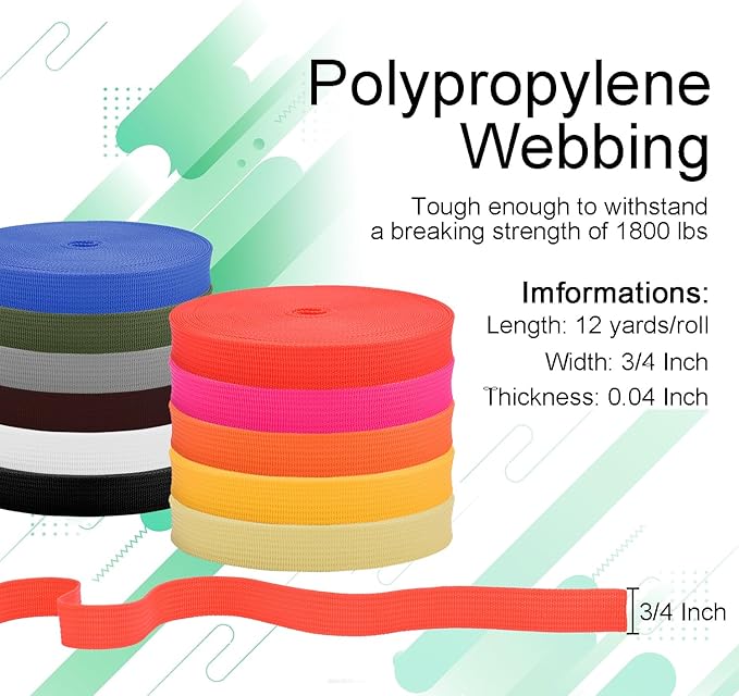 CooBigo Polypropylene Webbing Strap 3/4" Durable Poly Strapping 12 Yards 3/4 inch Wide Webbing Strap for Backbag,Pool Solar Cover,DIY Crafting,Pet Collar,Outdoor Gear