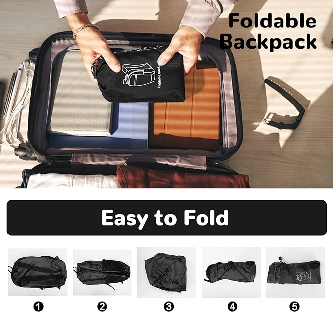 Small Foldable Nylon Hiking Backpack for Men, Ultralight Collapsible Backpack for Travel, Black