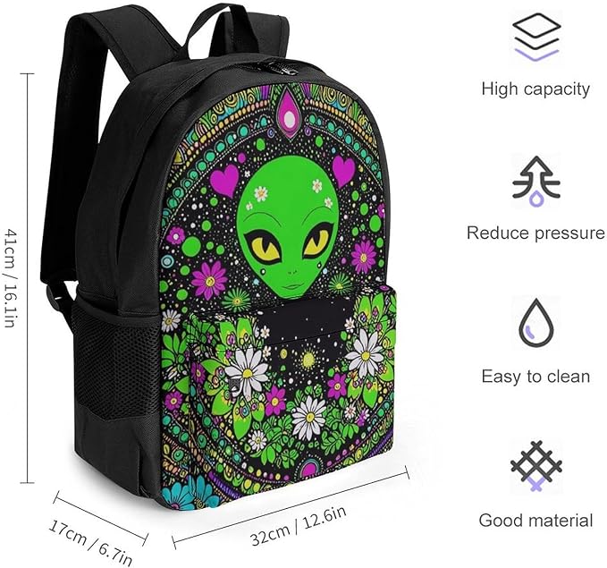 Supdreamc Daypack Polyester Anti-Theft Multipurpose Psychedelic Space Alien Daisy Flowers Art Bookbag Big Capacity Gym Outdoor Hiking Backpack With Adjustable Shoulder Straps