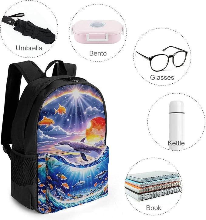 Rucksacks Lightweight Multipurpose Anti-Theft Dolphin Underwater World Rainbow Shoulder Bag Big Capacity Traveling Camping Backpack With Side Pockets